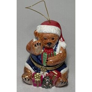 Mr. Christmas Hinged Teddy Bear Music Box Ornament Porcelain 4" EUC - Video